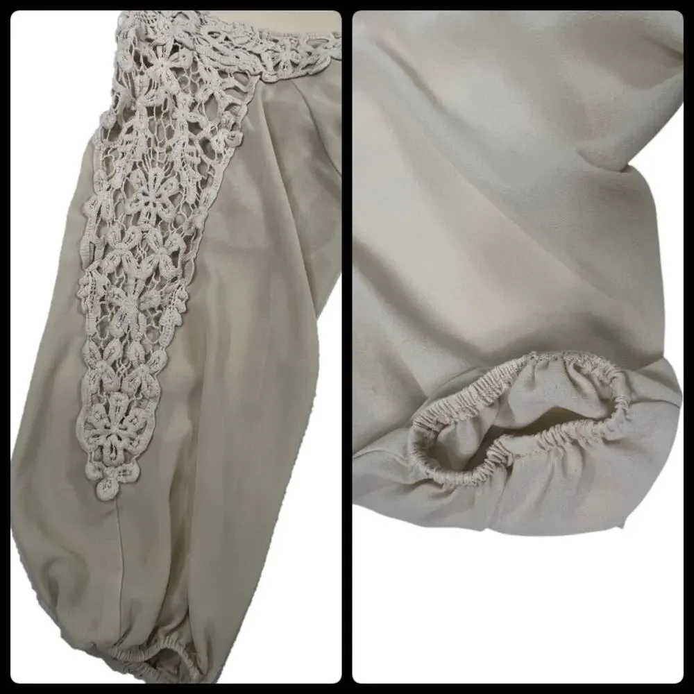 Charming Charlie Beige Semi Sheer Chiffon Crochet Lace Trimmed Blouse Top Small - Picture 5 of 12